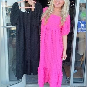 Simply Southern Seersucker Puckered Bright Pink Midi Dress